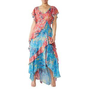 Tanya Taylor Silk Asymmetrical Maxi Dress Size 2 Tiered Iliana Ruffle Slit Boho